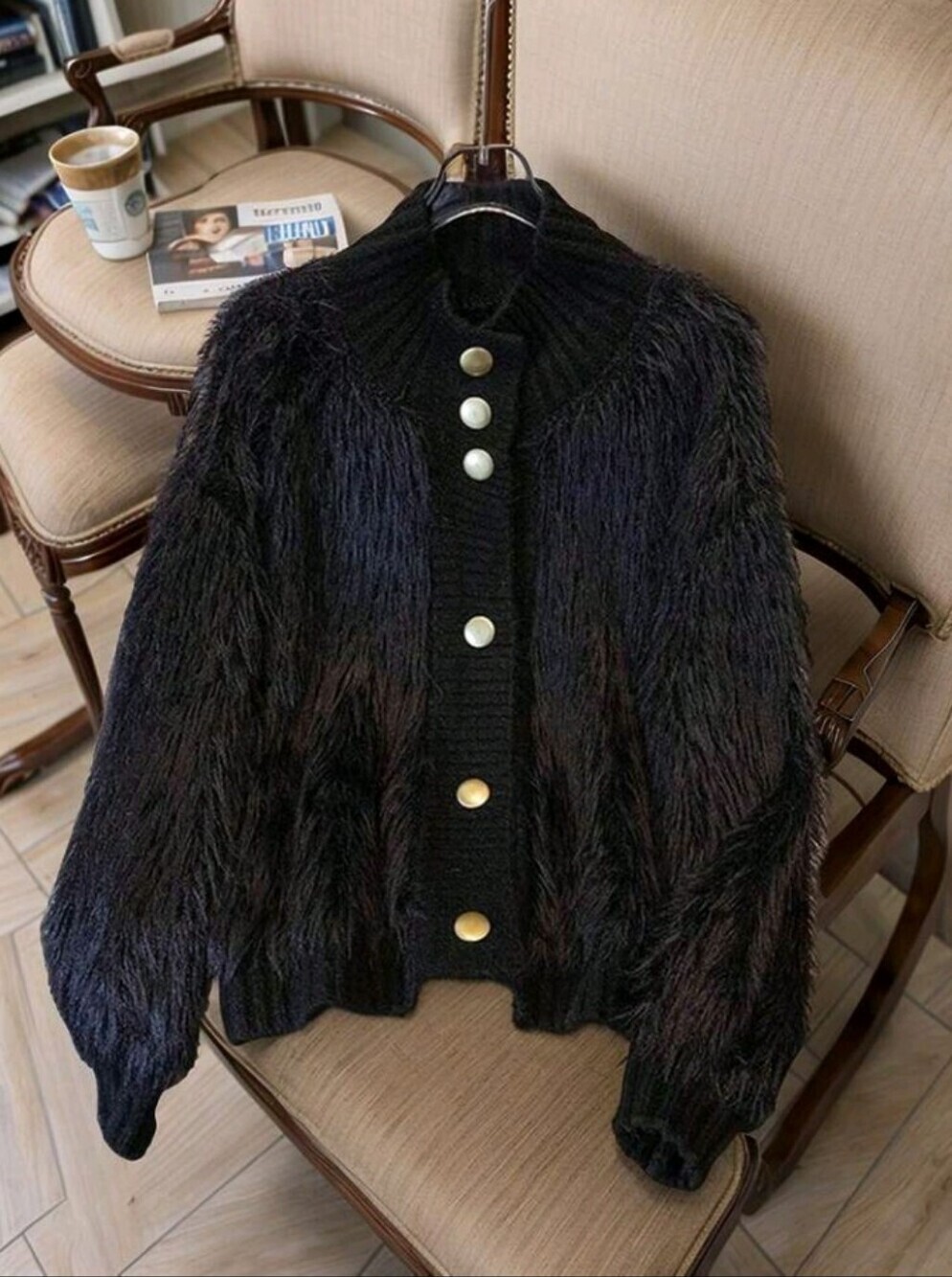 Korean Style Fluffy Knit Cardigan - Soft Faux Fur Sweater With Fan-Shaped Ruffle
